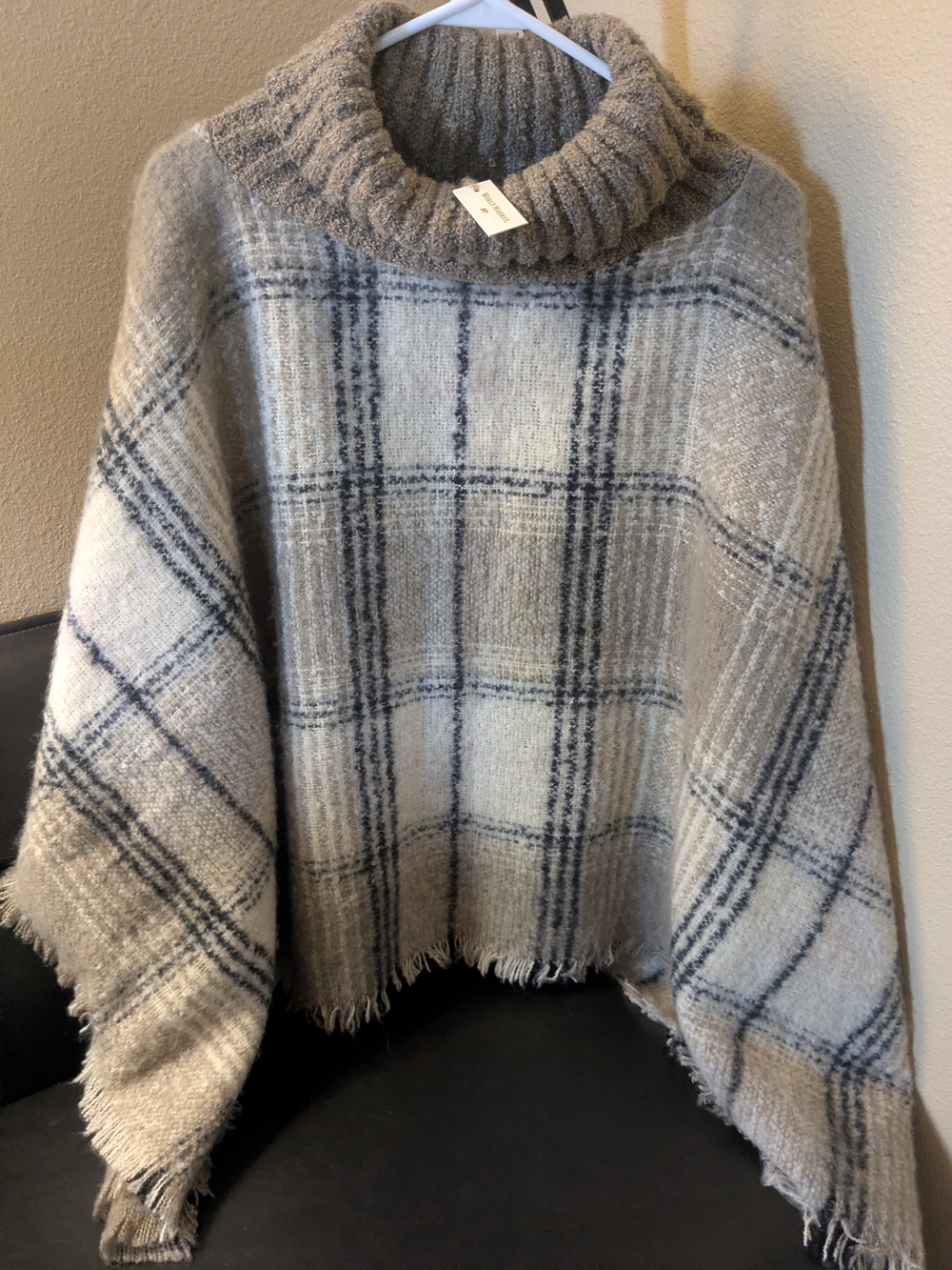 Cozy Plaid Turtleneck Poncho Sweater - Beige